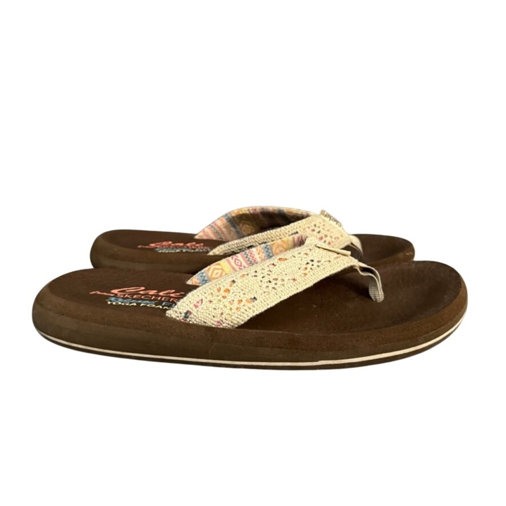 Skechers Brown and Cream Women's Crochet Flip Flop Sandals